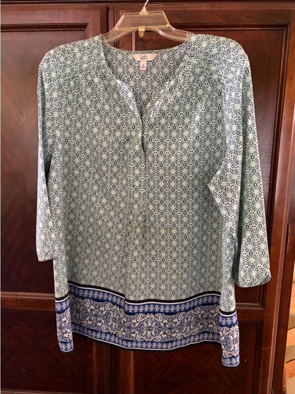 croft & barrow Seafoam Green Printed Tunic with Navy Border